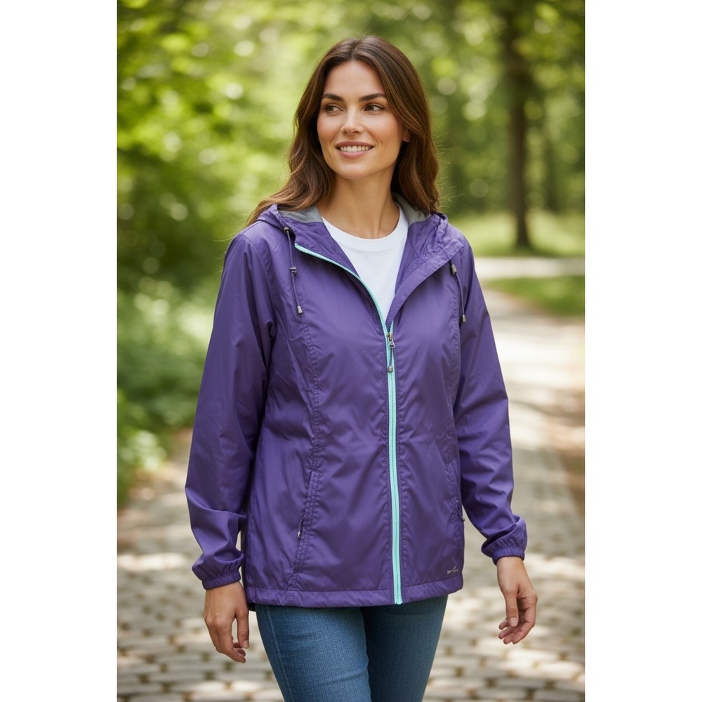 Eddie Bauer Womens Purple Ripstop Windbreaker Jacket Full Zip Hooded Lightweight